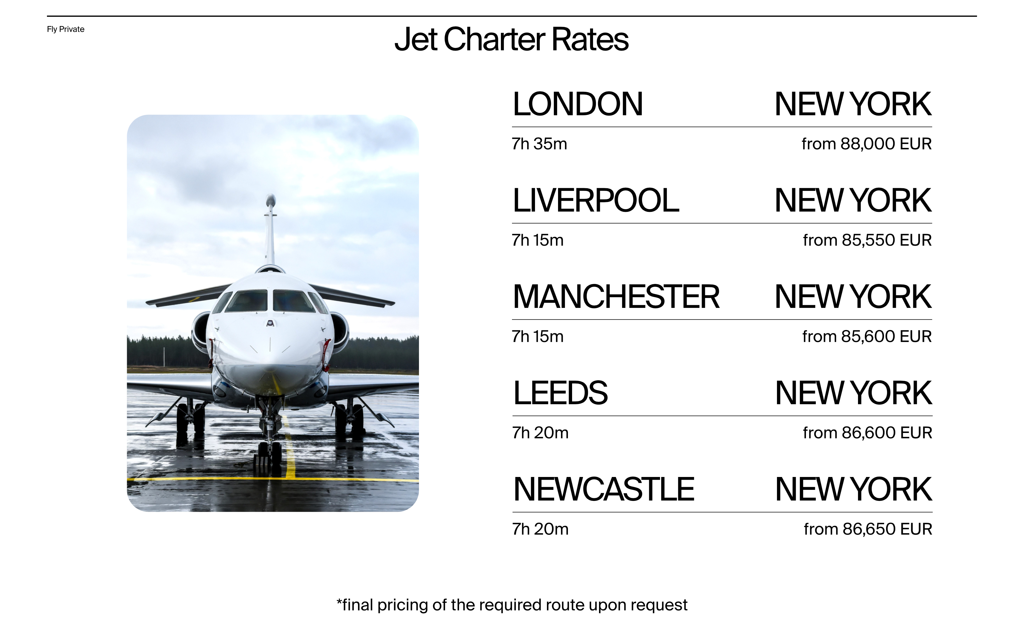 New York private jet charter prices from the North